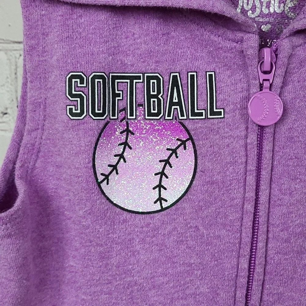 Justice Girls Purple Glitter Softball Sleeveless Zip Hoodie Vest Size 8 Sporty